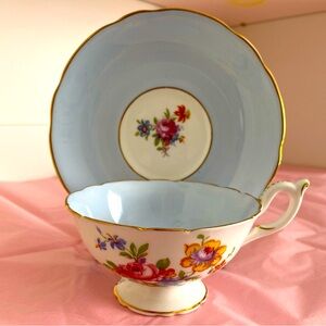 Coalport Bone China Teacup and Saucer in Soft Blue and Floral Sprays